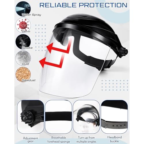 SAFETY Face Shield for Grinding and Cutting with 3 Pcs Clear Impact Resistant Visor Full Face Shield Mask with Ratchet Headgear for Grinding, Isolation, Weed Whacking, Industrial Use