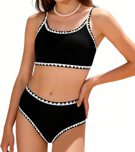 Girls Sporty High Waist Bikini Set - Double Strap, Black, 14 Years