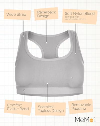 MeMoi Girls Sports Bra 2-Pack M-12 Light Gray Heather Teen Training Bras