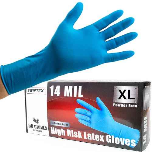 Heavy Duty Thick Latex Gloves, 14mil, Blue, Industrial, Powder Free, 12" Length, Textured, Multi-Purpose, Box of 50