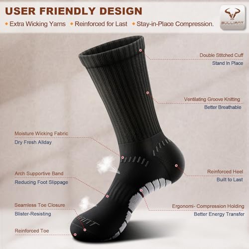 BULLIANT Men 6-Pack Athletic Compression Crew Socks for Running & Gym, Size 11-13, Black