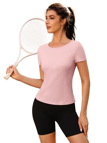 Fitted Gym Yoga Shirt for Women - Light Pink - Short Sleeve