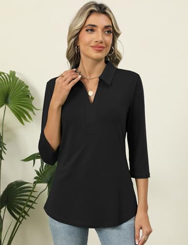 Women's 3/4 Sleeve V-Neck Collared Polo Shirt - Summer Business Casual Top - Black XL