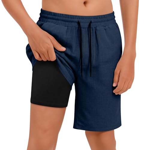 Boys Swim Trunks with Liner - Navy Blue, 7-8 Years