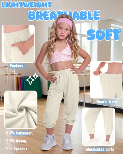 Girls' Capris Sweatpants - 3 Pcs Set, Black + Light Heather Gray + Ivory, 11-12 Years
