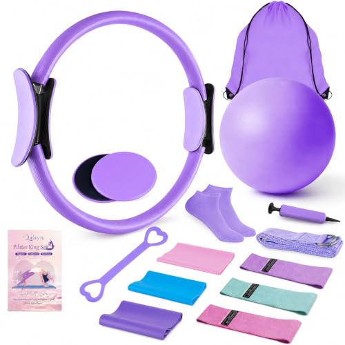Pilates Kit for Home Workouts - 15PCS Set with 12-Inch Purple Ring