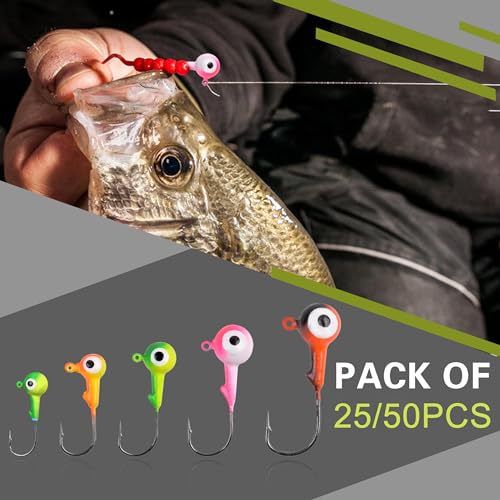 AGOOL 7.5g (1/4oz) Fishing Jig Heads 25pcs - Colored Round Ball with 3D Eyes for Bass Trout Walleye