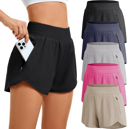 CE' CERDR Women's High Waisted Athletic Shorts 5-Pack - Black, Navy, Grey, Khaki, Pink