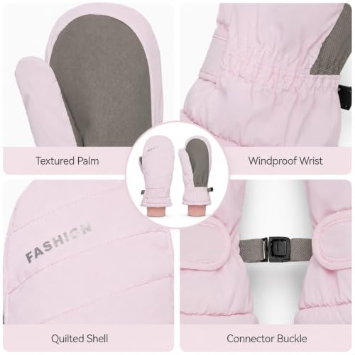 Winter Ski Mittens - Warm Water-Repellent Snow Gloves - Pink, Medium