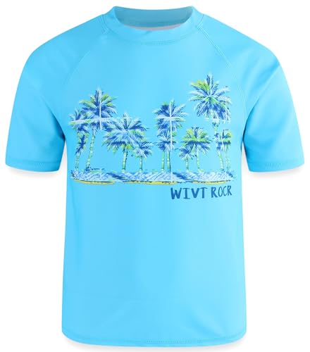 SeaKKO Boys Rash Guard Swim Set with Trunks - Blue Palm Tree, Size 4-16, Quick Dry