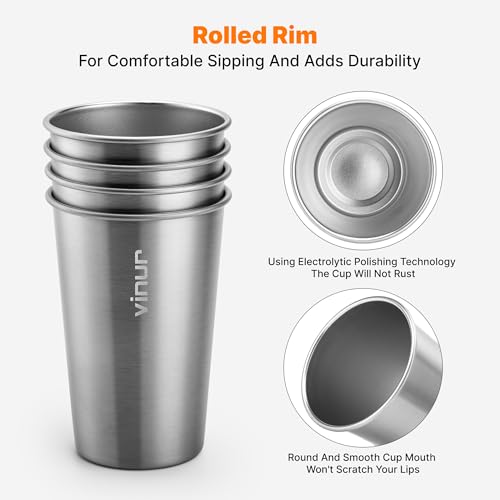 Vinur 16 oz Stainless Steel Pint Cups, 4 Pack - Silver, Stackable