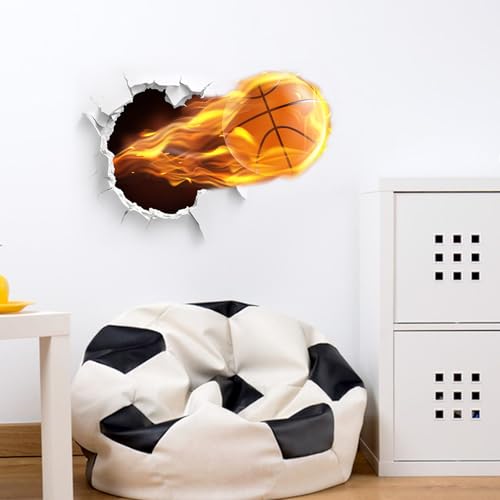 Wall Art 3D Basketball Wall Sticker, Removable Cracked Wall Decor Murals, Flying Fire Basketball Peel and Stick Wall Decals for Basketball Fans Men Boys Kids Playroom Bedroom Sports Hall
