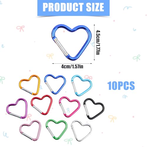10-Pack Heart Shaped Carabiners - Durable Aluminium Clips for Keys & Hiking