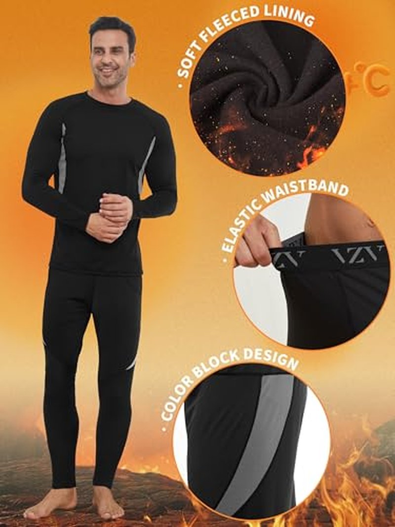 VZV 3 Pack Thermal Underwear for Men Fleece Lined Long Johns for Men Thermal Underwear Base Layer Top and Bottom Set