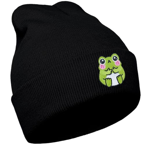 Cute Frog Embroidered Knit Beanie - Black Winter Warm Stretch Hat