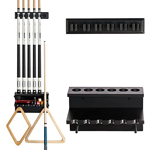 Wall Mount Pool Cue Rack - Hardwood Holder for 6 Cues - Black