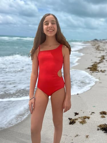 One Shoulder Girls' Cori Beach Sport Swimsuit - Rib Solid Black