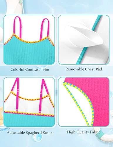 Girls Colorful Contrast Trim Bikini Set - Blue & Pink, 15-16 Years