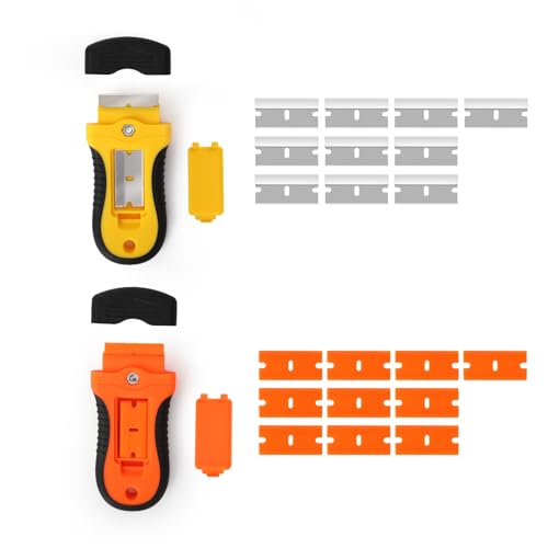 2PACK Locking Razor Blade Scraper with Safety Cap Glass Cooktop Scraper with Extra 10 Plastic Razor Blades and 10 Metal Blades for Glass Clean Paint and Old Label Decal Sticker Remover