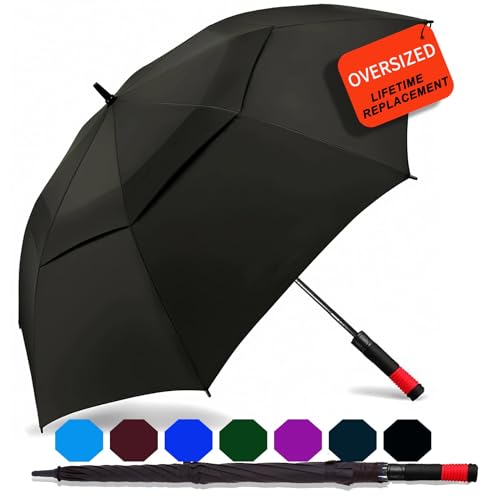 Large Windproof Waterproof Golf Umbrella - 62 Inch Black-Red Handle