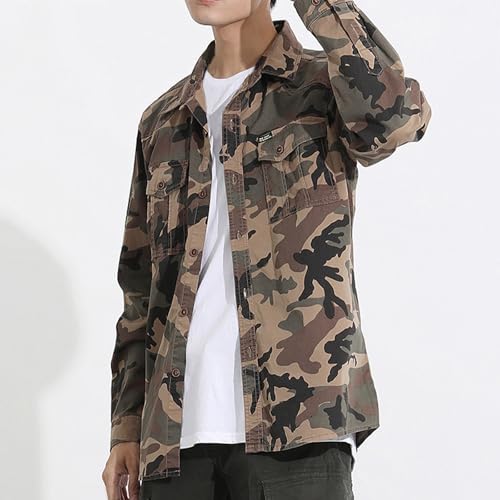 Men's Camo Shirt Jacket - Long Sleeve Button Down - Khaki, X-Large