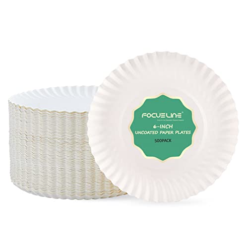 FOCUSLINE 6 Inch Disposable Paper Plates 500 Pack White Uncoated for Events & Parties