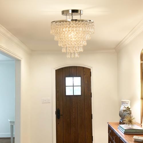 FRIXCHUR 11.8" Crystal Chandelier Chrome Flush Mount Ceiling Light 5 Tiers Raindrops Silver Chandeliers for Bedroom Hallway Living Room,E26 Base