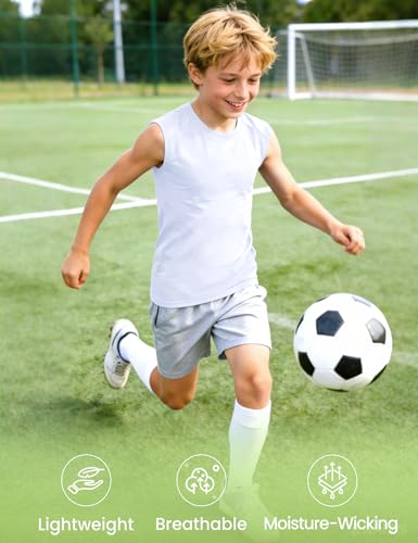 Boys Sleeveless Compression Shirt - Kids Football Undershirt, 9-10 Years, White