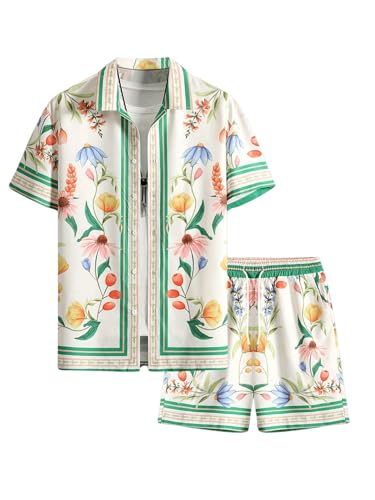 VIPWOLF Men's Summer Vacation Cruise Outfits 2-Piece Hawaiian Shorts Set, XL Apricot