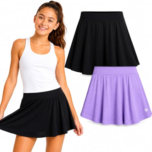 RBX Girls 2-Pack Mesh Skorts for Active Play, Elastic Waistband, Lilac Breeze/Black, Sizes 14-16