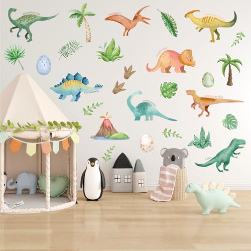 Watercolor Dinosaur Wall Decals Stickers for Kids Room - Removable Dino Stickers for Boys Bedroom Nursery Room Wall Decorations