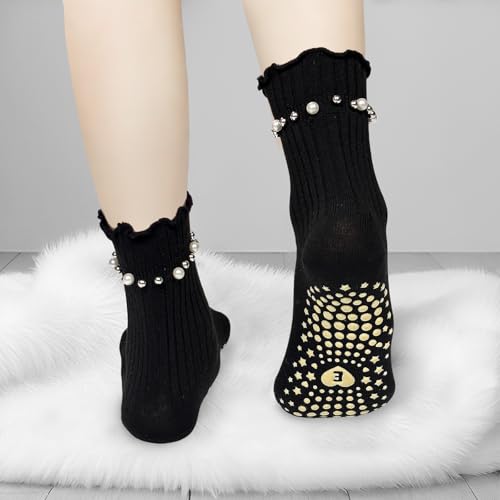 Pilates Grip Ankle Socks for Women - Non-Slip Ruffle Style, One Size / Black, Coffee, Wine Red - 3 Pairs