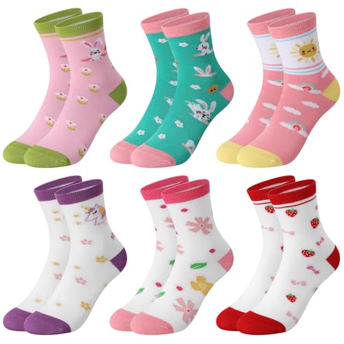 Girls Crew Athletic Socks - 6 Pairs - Green, Pink, White (10-14 Years)