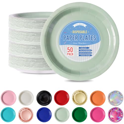 Tyzarglef Sage Green Disposable Paper Plates 9 Inch - Pack of 50