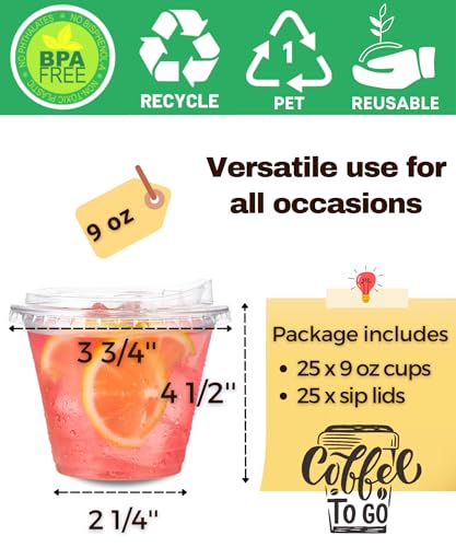 9 oz Clear Plastic Cups with Strawless Sip Lids - 25 Sets