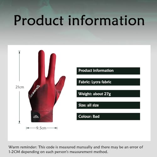 Left Hand Billiard Gloves - 3 Finger Snooker Cue Glove - Red