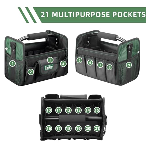 11 Inch Small Tool Bag, Open Top Tool Tote with Stainless Steel Handle and Adjustable Shoulder Strap,21 Pockets Electrician Tool Bags,Black/Green