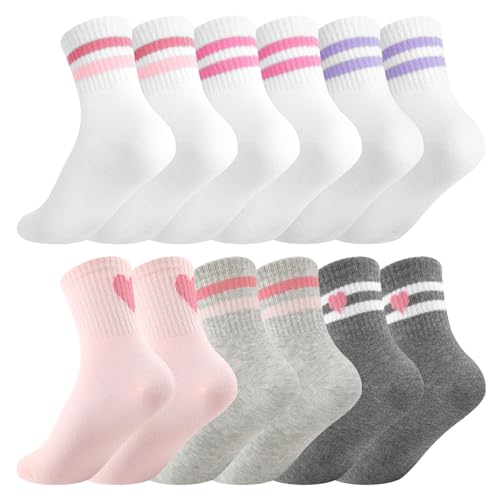 Girls Athletic Crew Socks - 6 Pairs, Ages 6-10, White, Gray, Pink