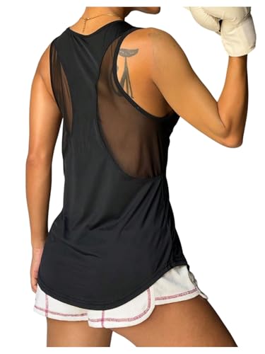 OYOANGLE Women's Black Large Mesh Activewear Tank Top for Running & Workout