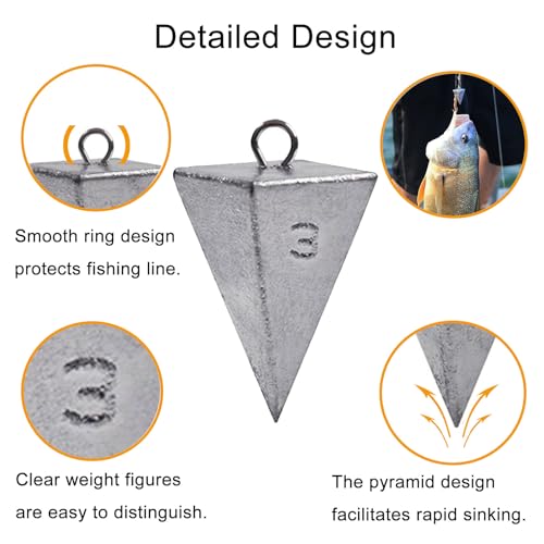 SIWIRIOM 2oz Pyramid Lead Sinkers Fishing Weights Pack with Universal Connectors - Saltwater & Surf Tackle Kit