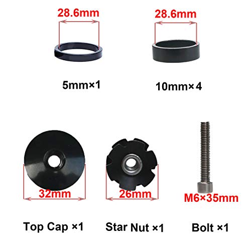 1 1/8 Inch Headset Spacer Set with Top Cap & Star Nut - Black