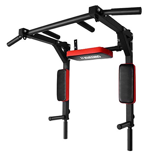 Wall Mounted Pull Up Bar & Dip Station - Red, 440 Lbs Capacity