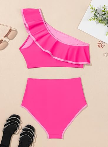 Herseas Women's One-Shoulder Bikini Set with Ruffle Hem, High-Waisted, Medium, Bright Pink
