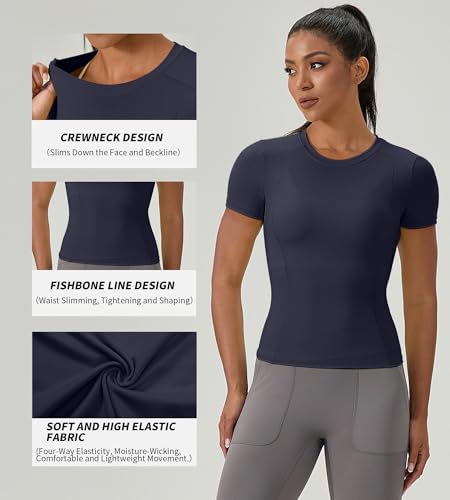 LEICHR Women's Compression Shirt Navy Small Short Sleeve Crewneck Nylon Quick-Dry Top