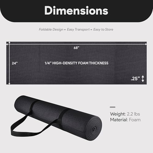 High Density 1/4-Inch Anti-Tear Yoga Mat with Strap - Multiple Colors