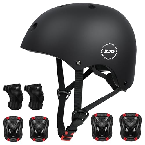 Kids Bike Helmet Set for Ages 3-14, Black & Medium Size with Protective Pads