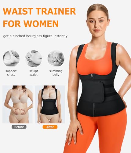 Sauna Sweat Suit for Women - Waist Trainer Body Shaper Shirt - Medium Black Silver Inner