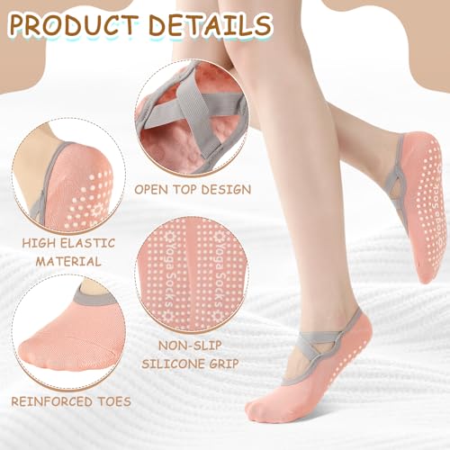 Pilates Grip Socks for Women - 4 Pairs with Cross Straps