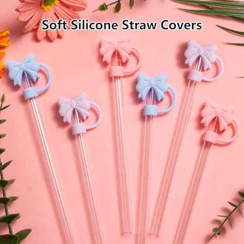 6PCS Cute Bow Straw Covers for Stanley 30 & 40 Oz Tumblers - Pink, Blue, Purple