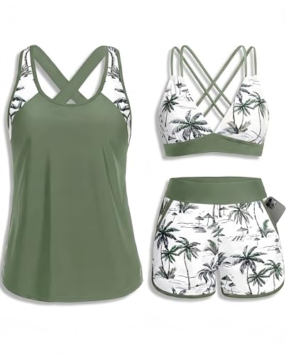 3 Piece Women's Tankini Swimsuit with Tummy Control & Pockets